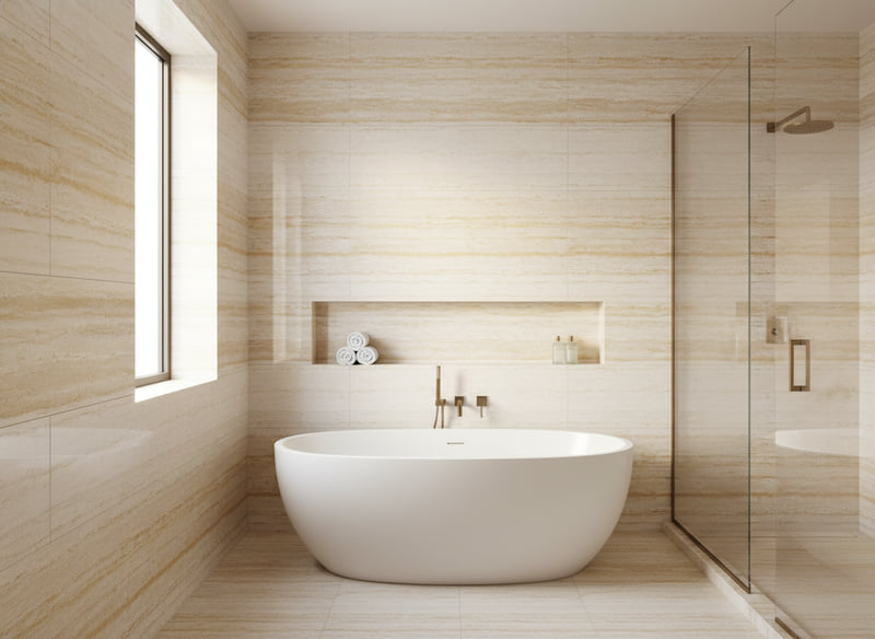 Камень для ванной комнаты — Травертин белый Абасабад
 /Travertine white Abasabad/ заполненный, полированный